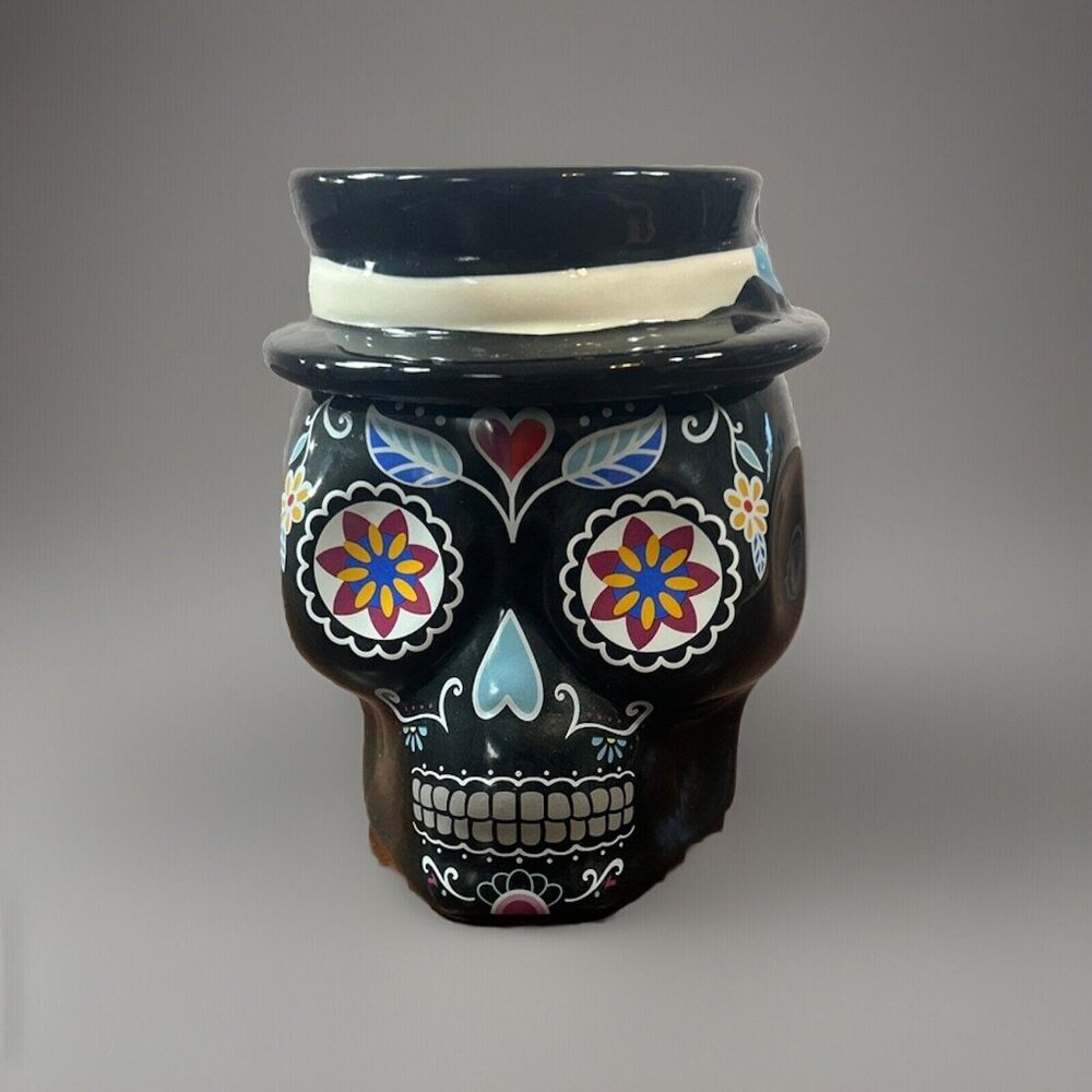 Sugar Skull Day Of The Dead Dia De Los Muertos Candy Jar Black Cookie Jar 7” T